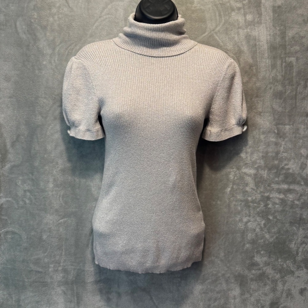 Apt 9 Womens Silver Metallic Ribbed Short Sleeve Turtleneck Sweater Size S - Picture 1 of 7